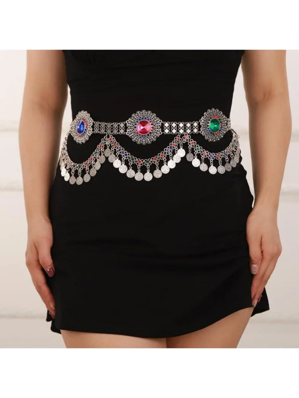 Boho Crystal Rhinestone Body Chain Belt with Silver Coin Pendant & Tassels